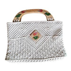 Vintage Creamy White Macrame Purse w Wood Handles & Floral Painted Detail